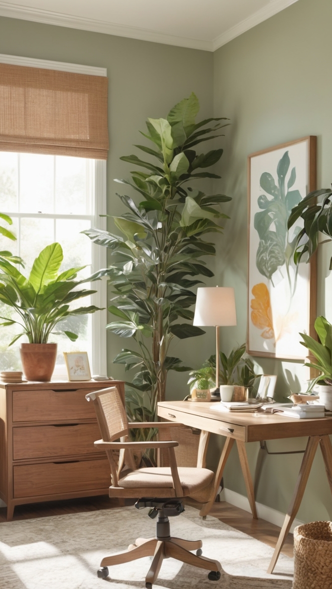 home office decor, indoor plants, workspace design, minimalistic office, home office setup