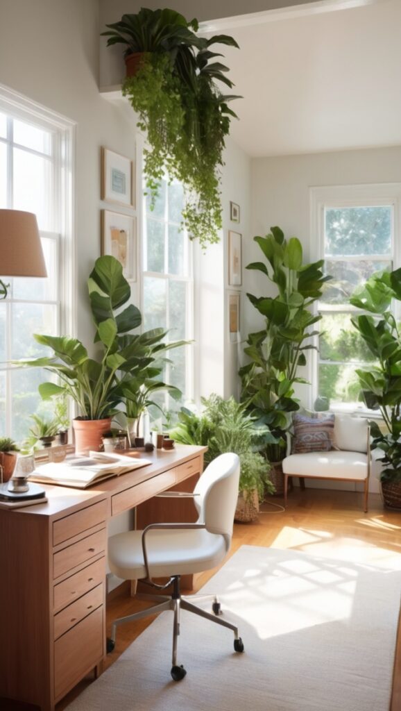 home office decor, indoor plants, workspace design, minimalistic office, home office setup