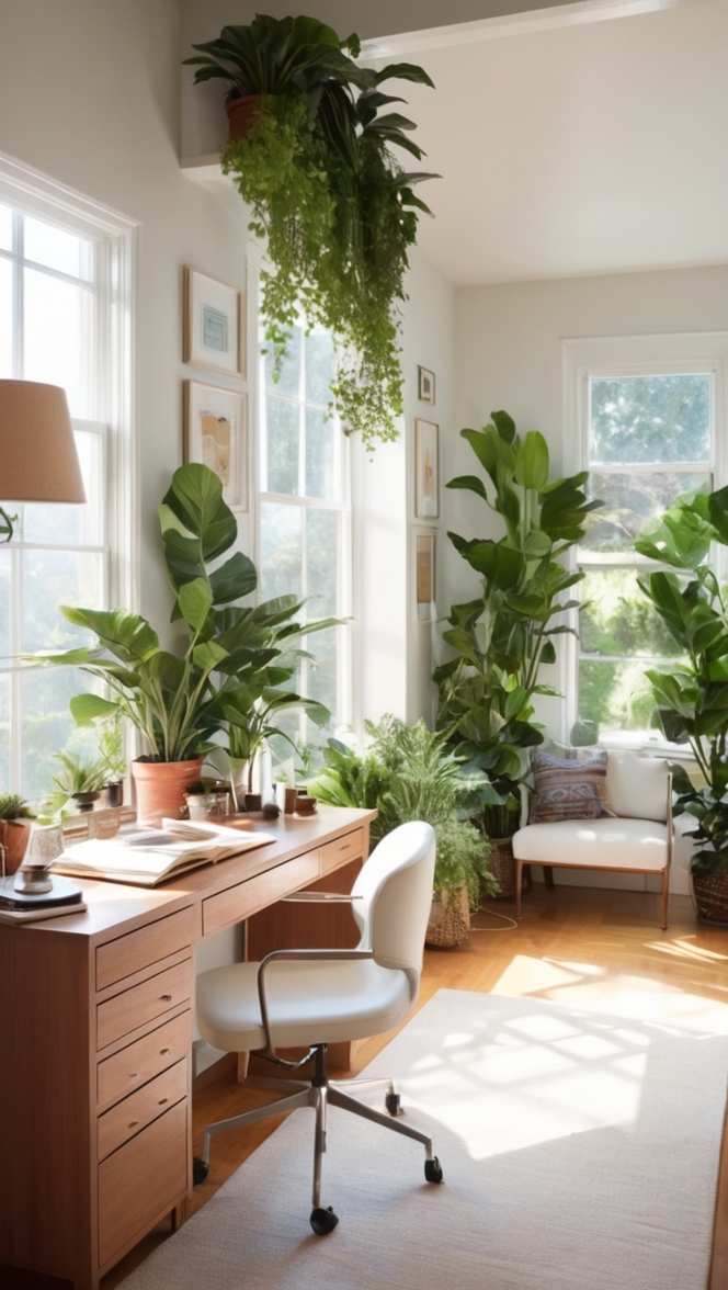 home office decor, indoor plants, workspace design, minimalistic office, home office setup 