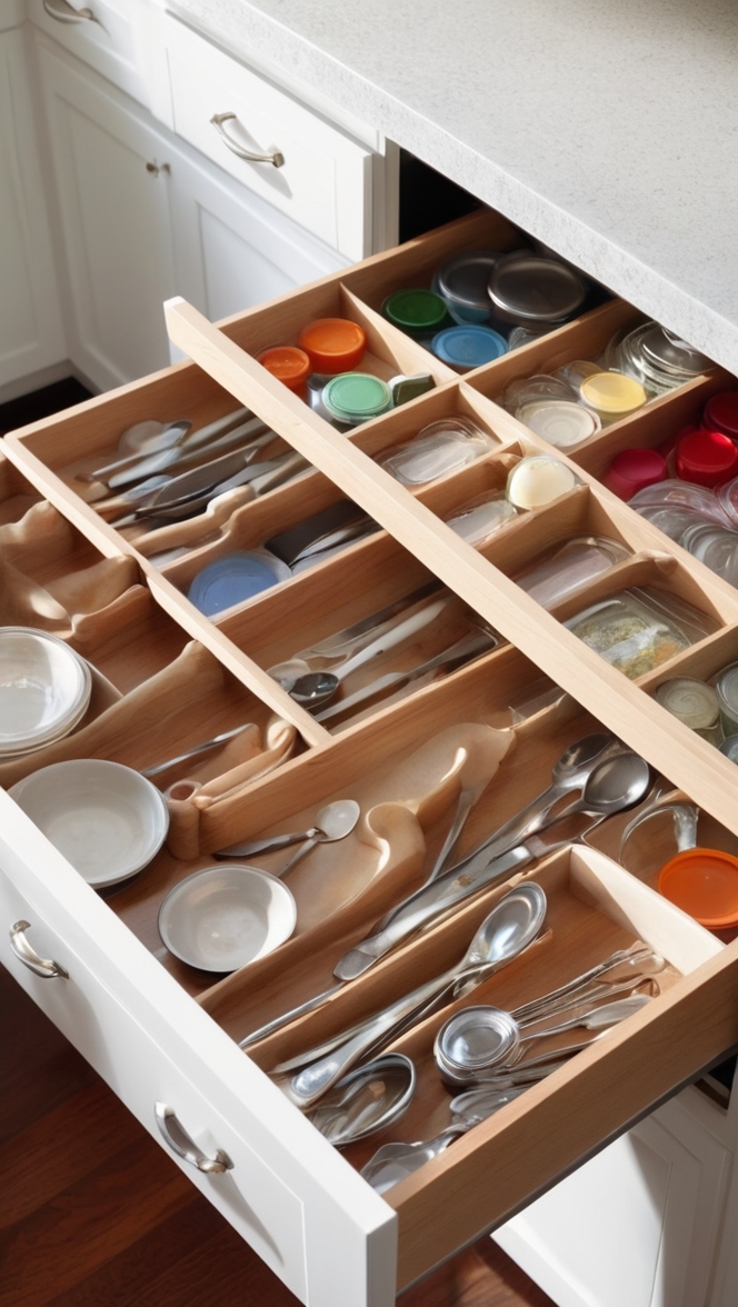 drawer organization, kitchen storage solutions, utensil organization, spice drawer organization, cabinet organization 