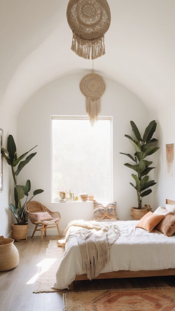 minimalist bedroom decor, boho chic bedding, modern bohemian furniture, cozy boho living, boho bedroom design