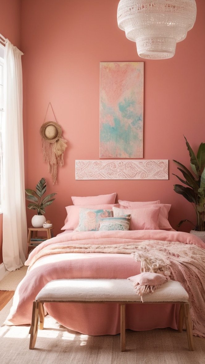 boho decor, pink bedroom ideas, bohemian interior design, feminine room decor, eclectic bedroom design