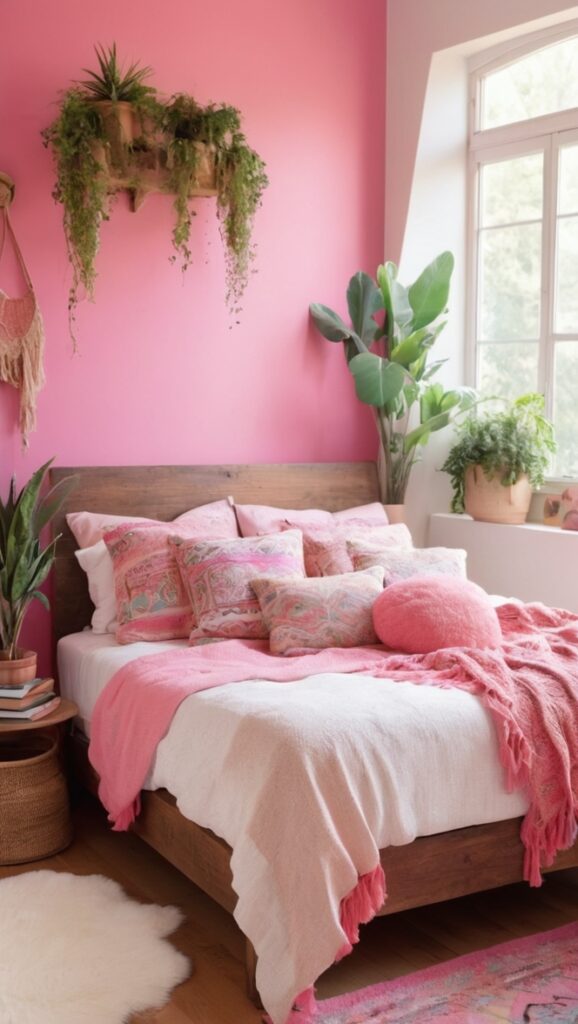 boho decor, pink bedroom ideas, bohemian interior design, feminine room decor, eclectic bedroom design