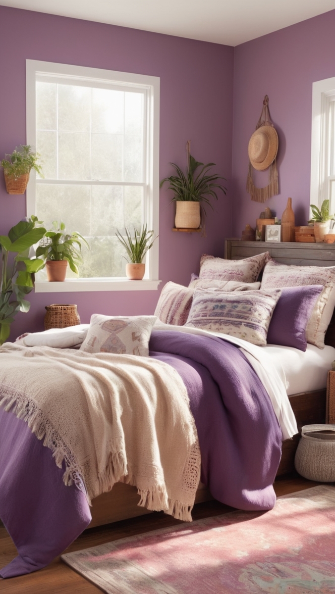 boho chic bedroom decor, boho bedroom furniture, bohemian bedroom accessories, boho bedroom design, purple boho bedding