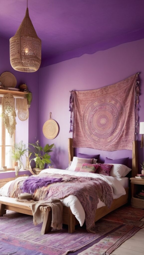 boho chic bedroom decor, boho bedroom furniture, bohemian bedroom accessories, boho bedroom design, purple boho bedding