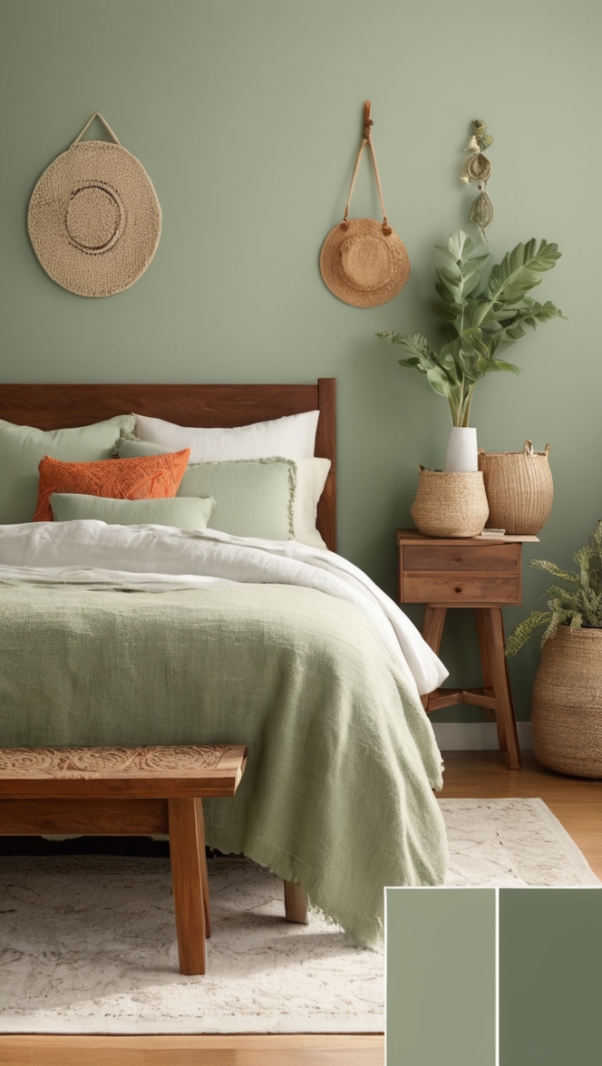 sage green bedding, boho bedroom decor, green velvet curtains, bohemian style bedroom, sage green wall paint