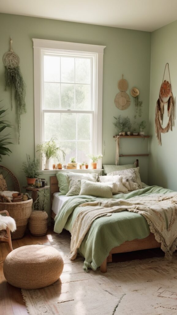 sage green bedding, boho bedroom decor, green velvet curtains, bohemian style bedroom, sage green wall paint