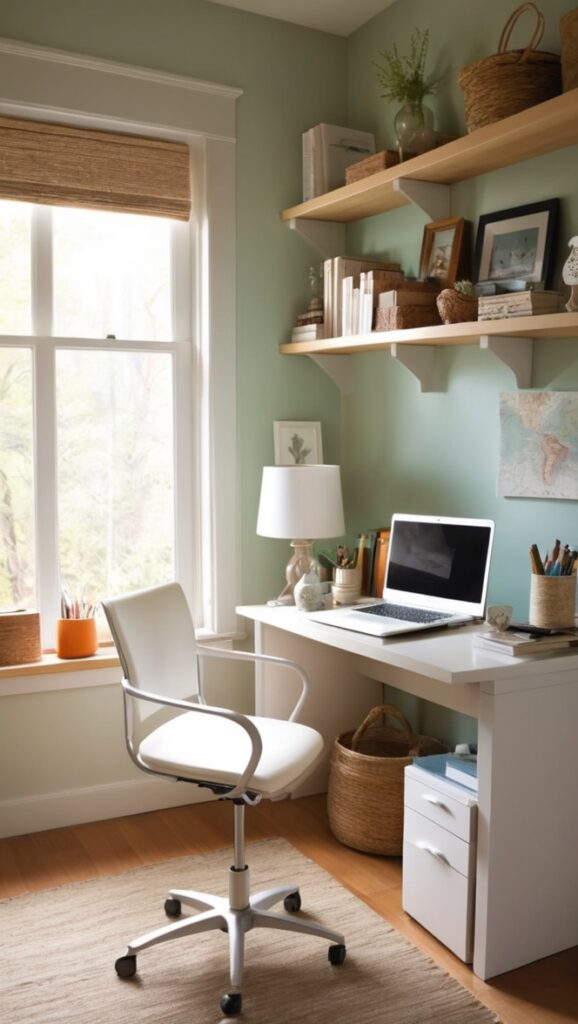 cozy office space, home office design, workspace organization, remote work setup, small office furniture