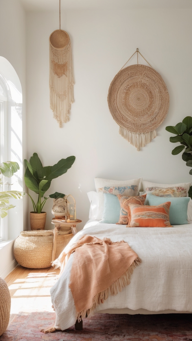 white boho decor, bohemian bedroom furniture, modern boho bedroom, boho chic bedding, minimalist boho bedroom