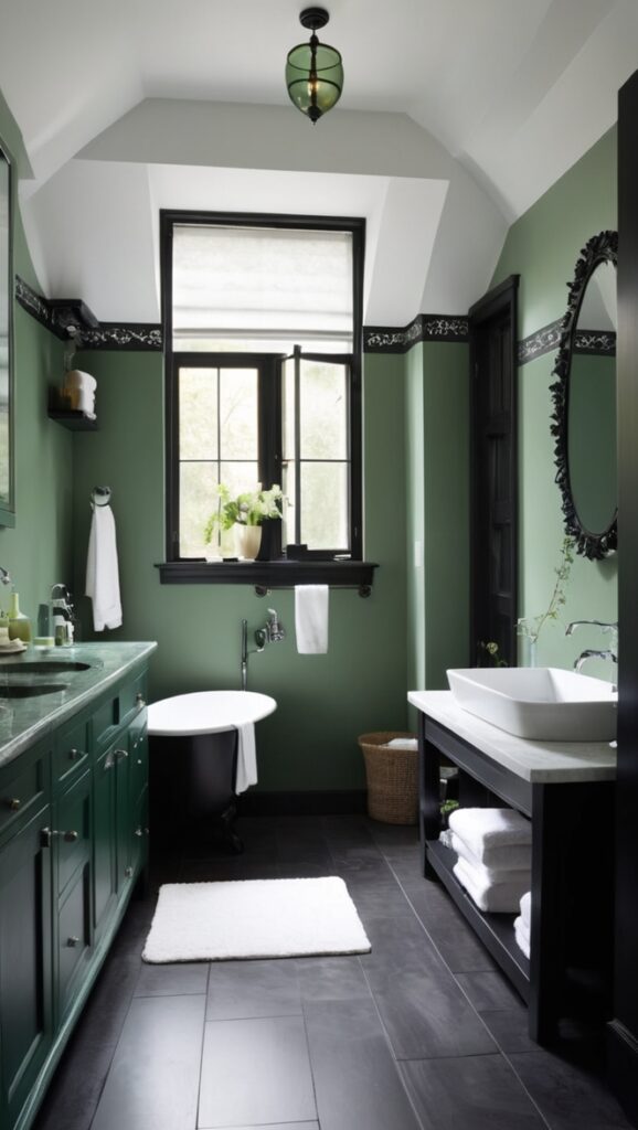 dark green bathroom decor, black and green bathroom ideas, dark green bathroom accessories, black and dark green bathroom design, dark green tiles bathroom