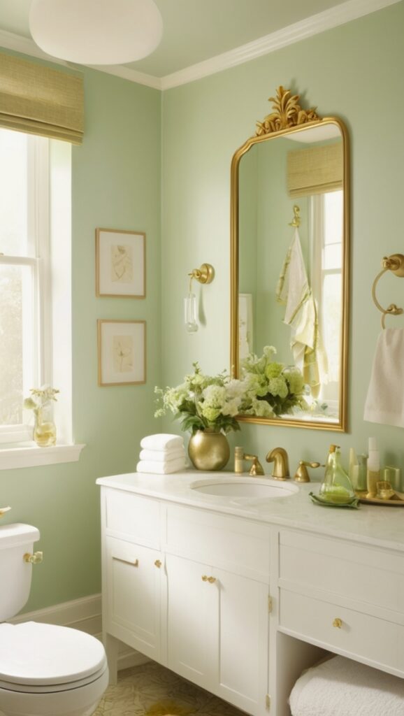 green bathroom decor, gold bathroom accessories, luxury bathroom design, elegant bathroom fixtures, stylish bathroom renovations