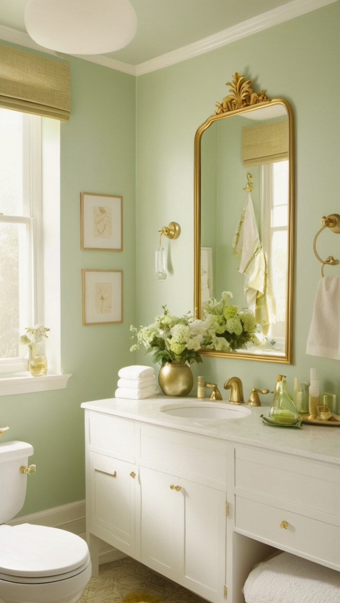 green bathroom decor, gold bathroom accessories, luxury bathroom design, elegant bathroom fixtures, stylish bathroom renovations 