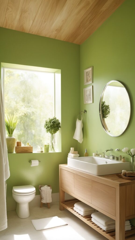 green bathroom decor , wooden bathroom furniture , eco-friendly bathroom materials, natural wood bathroom cabinets, sustainable bathroom accessories