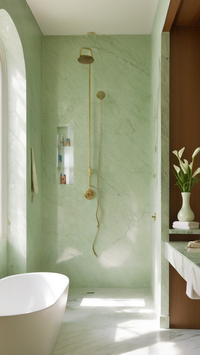 green marble tile, green marble vanity, marble bathroom countertops, marble bathroom flooring, green marble shower 