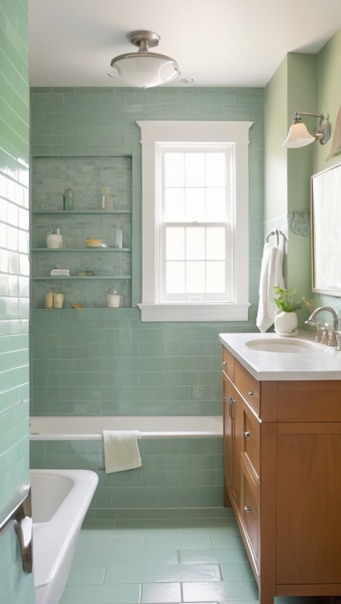 green bathroom tiles, bathroom tile designs, green glass subway tile, bathroom tile ideas, green bathroom ideas