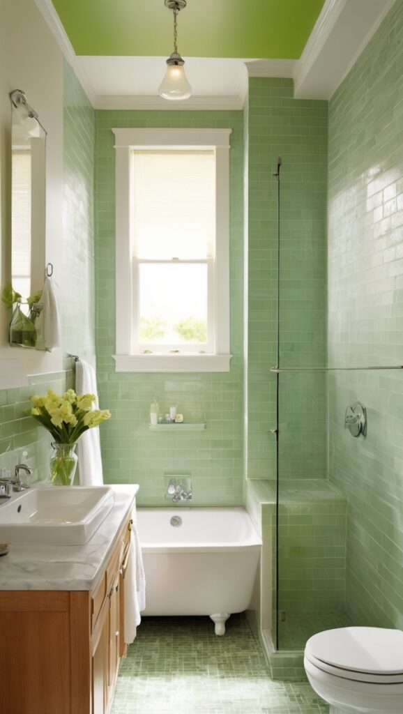 green bathroom tiles, bathroom tile designs, green glass subway tile, bathroom tile ideas, green bathroom ideas
