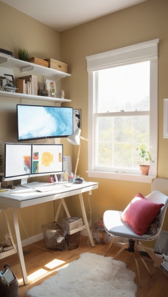 home office desk, ergonomic office chair, dual monitor setup, standing desk, cable management rack