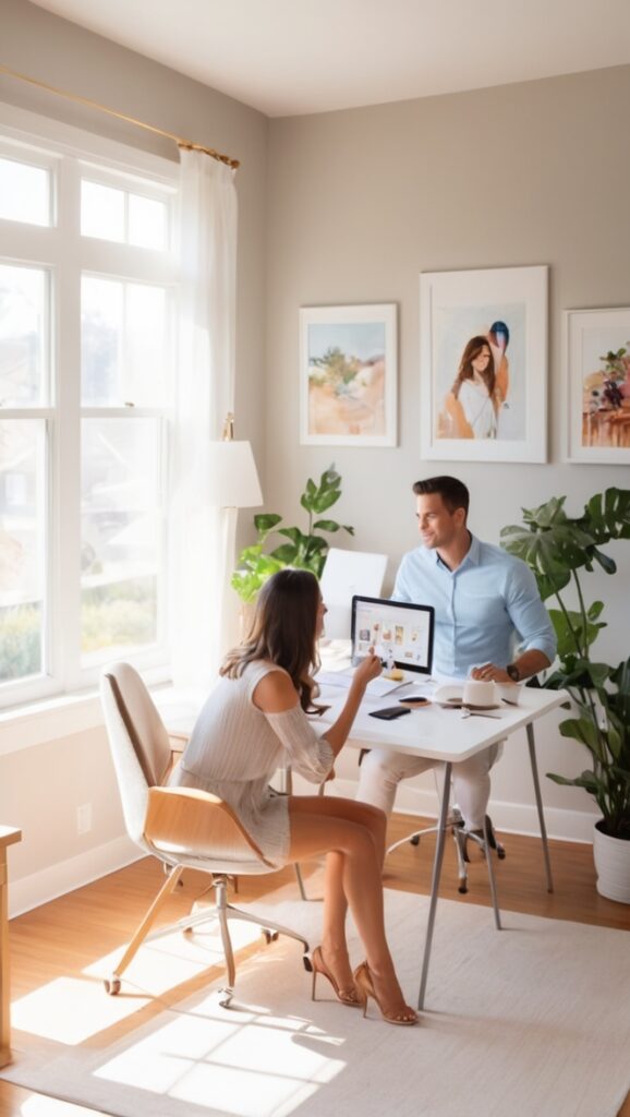 home office design, ergonomic chair, dual monitor setup, wireless mouse, adjustable desk