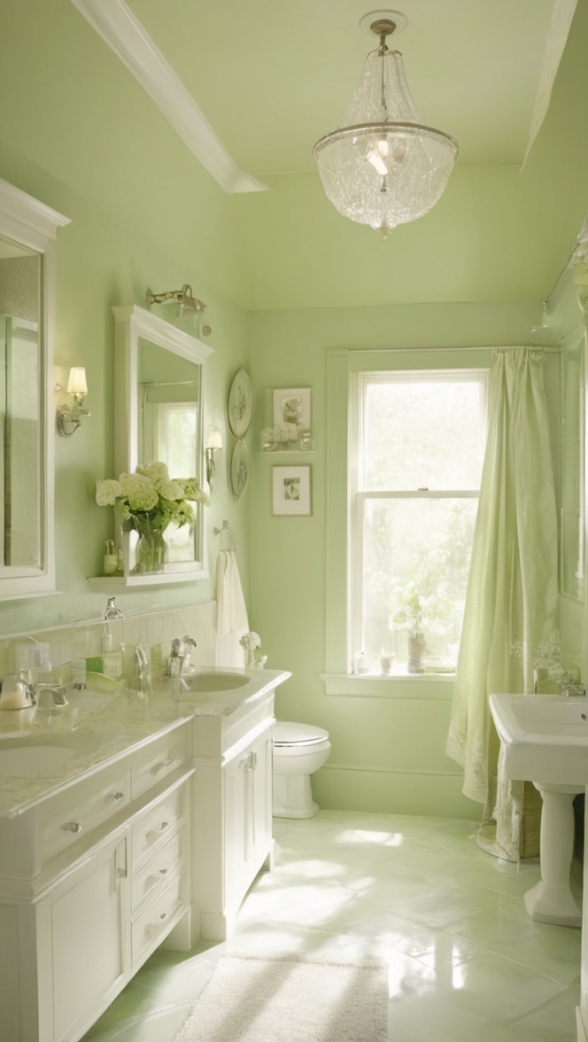 light green paint, mint green bathroom, pale green tiles, sage green decor, pastel green walls 