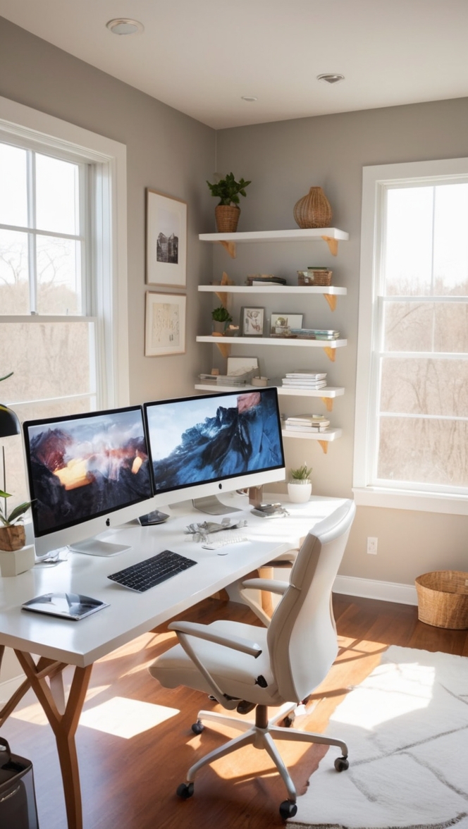 multiple monitor setup, home office setup, dual monitor setup, workstation setup, computer desk setup 