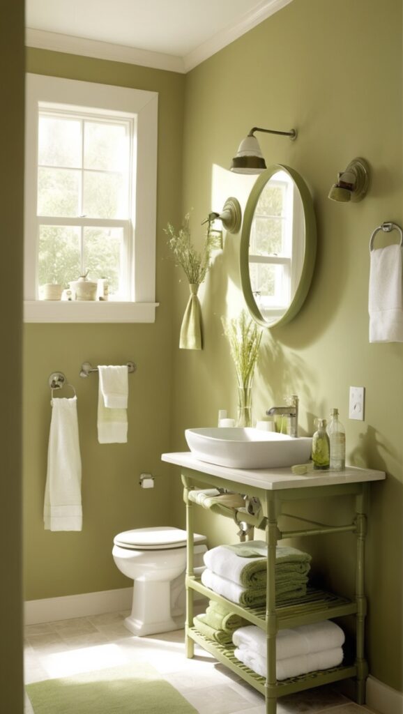 olive green paint, olive green accessories, olive green tiles, olive green decor, olive green bathroom ideas
