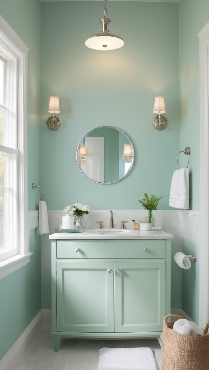 seafoam green paint, seafoam green tiles, seafoam green decor, seafoam green accessories, seafoam green vanity