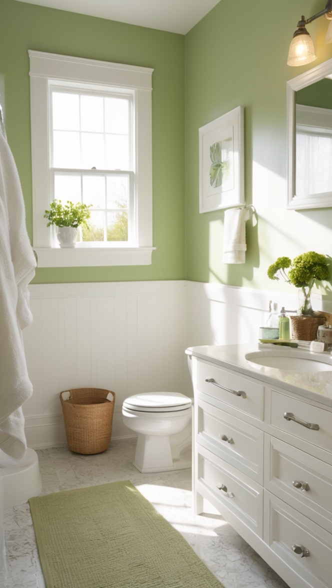 green bathroom decor, white bathroom tiles, modern green bathroom, white and green bathroom ideas, luxury green bathroom