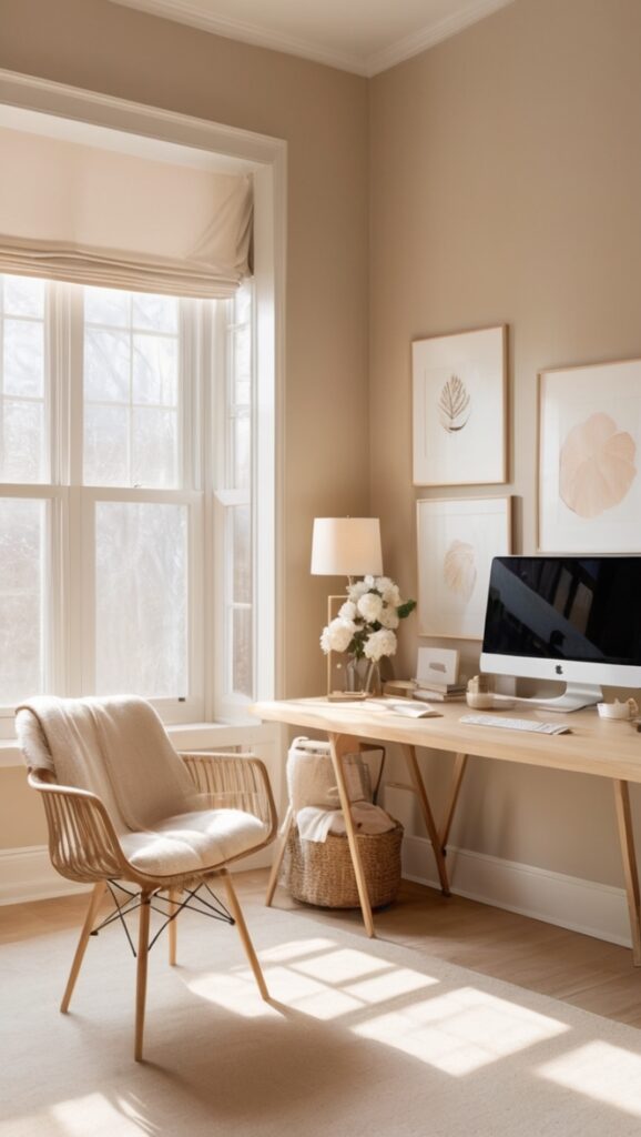beige office decor, chic home office, stylish office furniture, modern workspace design, minimalist office setup