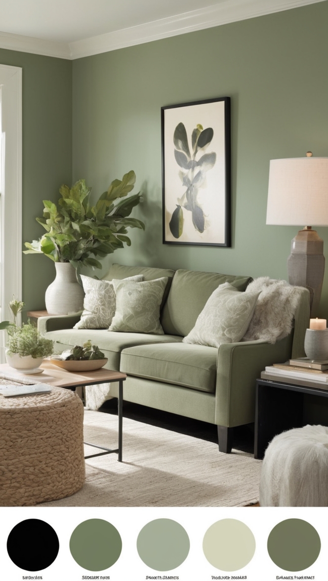 black living room decor, sage green home decor, elegant black and green living room, modern sage green interior design, cozy black and green living room