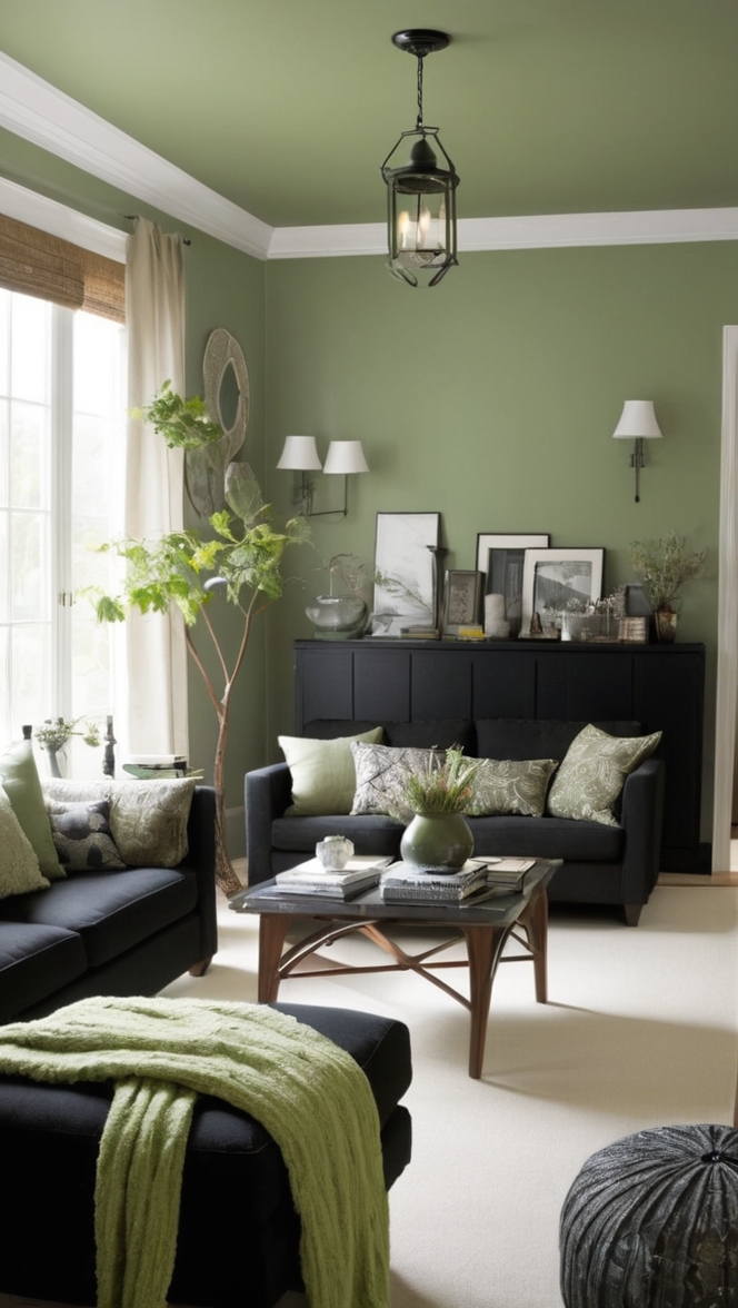 black living room decor, sage green home decor, elegant black and green living room, modern sage green interior design, cozy black and green living room 