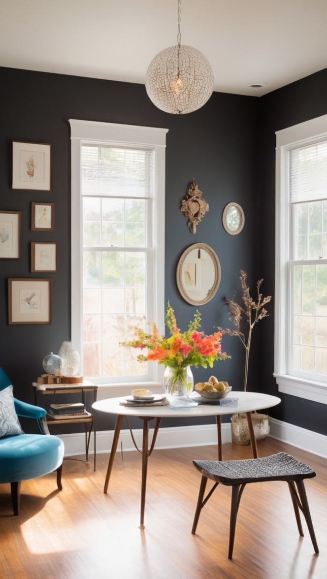 black paint, black interior design, black color scheme, black home decor, dark color palette