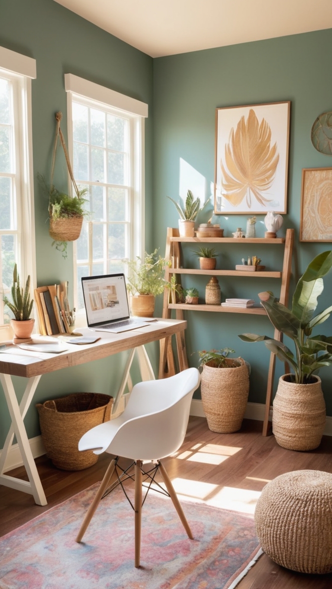 boho home decor, vintage office supplies, modern bohemian office, chic home workspace, rustic office furniture