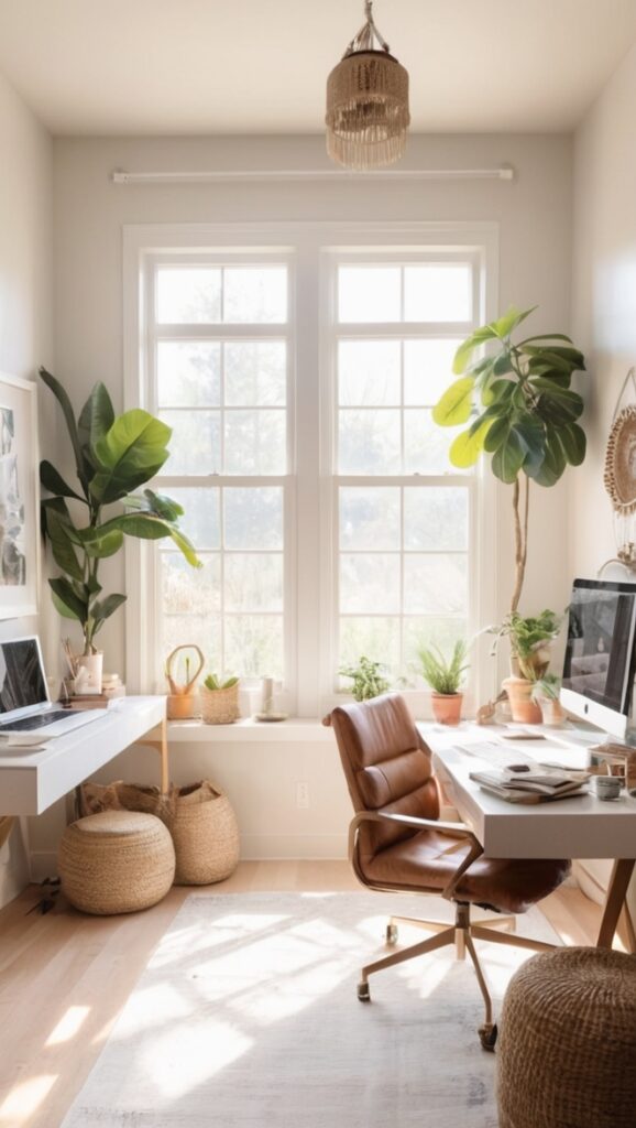 boho home decor, vintage office supplies, modern bohemian office, chic home workspace, rustic office furniture