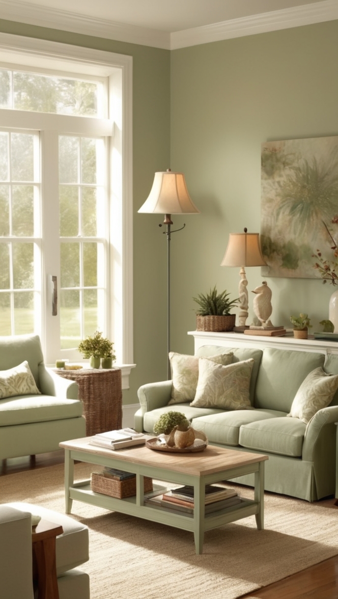 sage green sofa, sage green walls, cozy living room decor, green accent furniture, sage green curtains