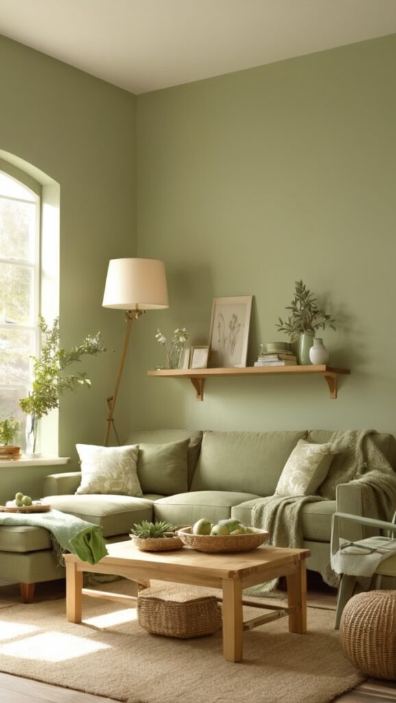 sage green sofa, sage green walls, cozy living room decor, green accent furniture, sage green curtains