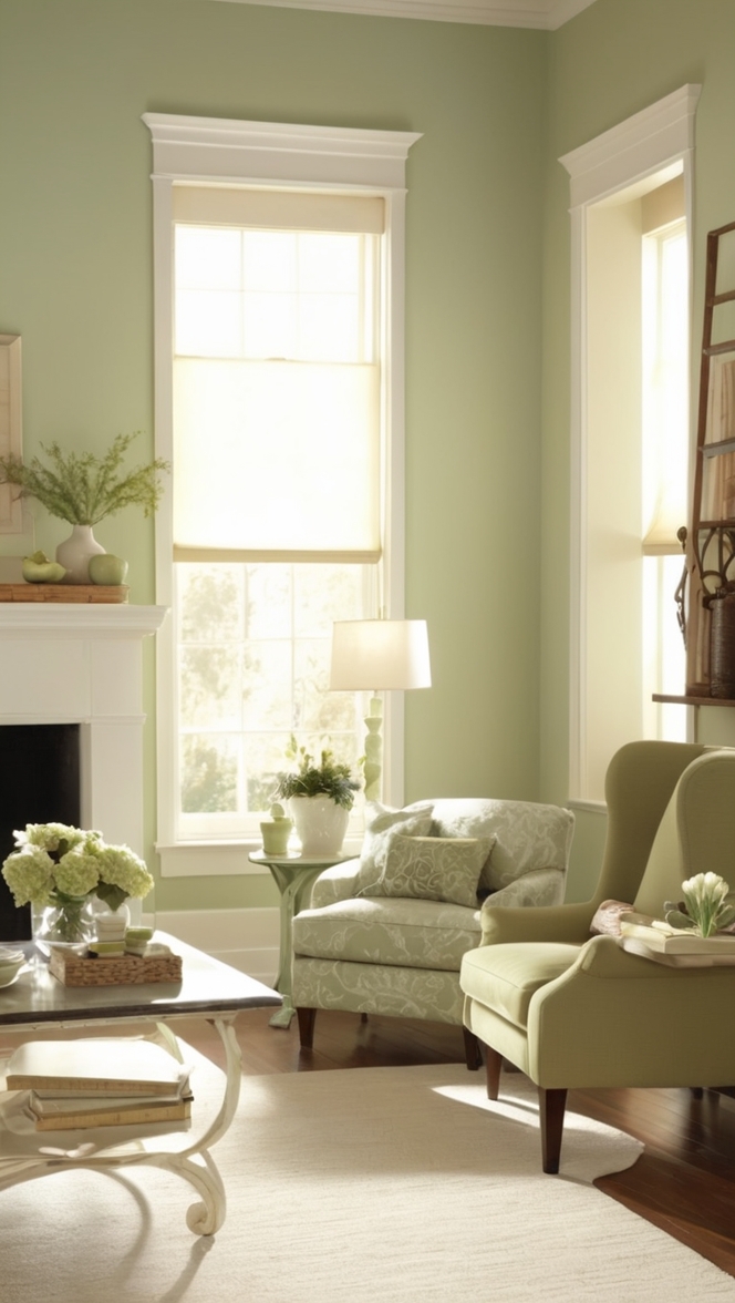 cream and sage green living room, sage green decor, cream living room furniture, sage green wall paint, cream and green color palette