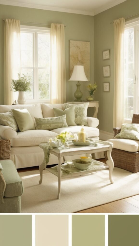 cream and sage green living room, sage green decor, cream living room furniture, sage green wall paint, cream and green color palette