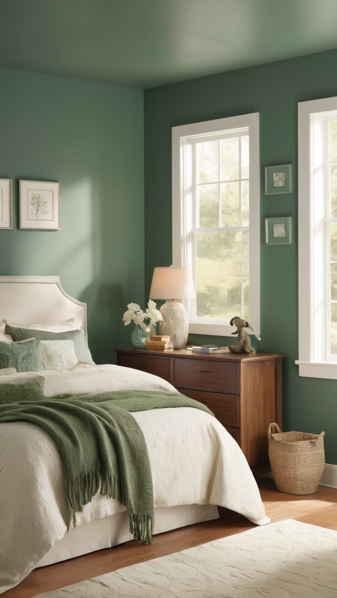 dark green paint, dark green bedding, dark green decor, dark green walls, dark green furniture