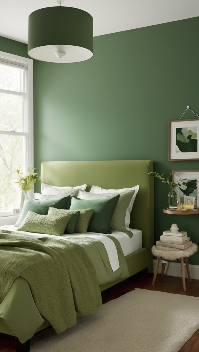 dark green paint, dark green bedding, dark green decor, dark green walls, dark green furniture 