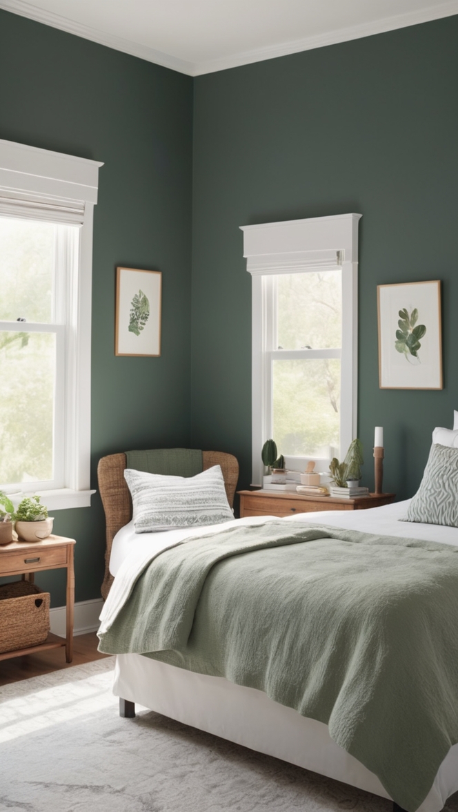 dark green bedroom decor, dark green bedroom ideas, moody bedroom design, dark green walls, elegant bedroom decor