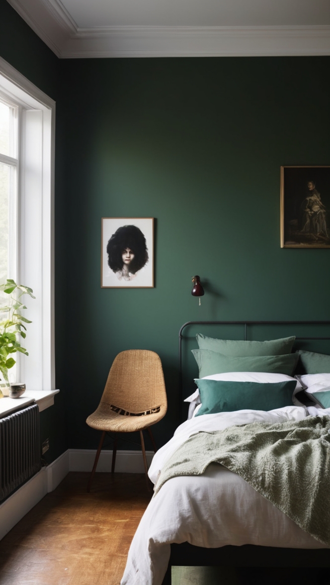 dark green bedroom decor, dark green bedroom ideas, moody bedroom design, dark green walls, elegant bedroom decor 