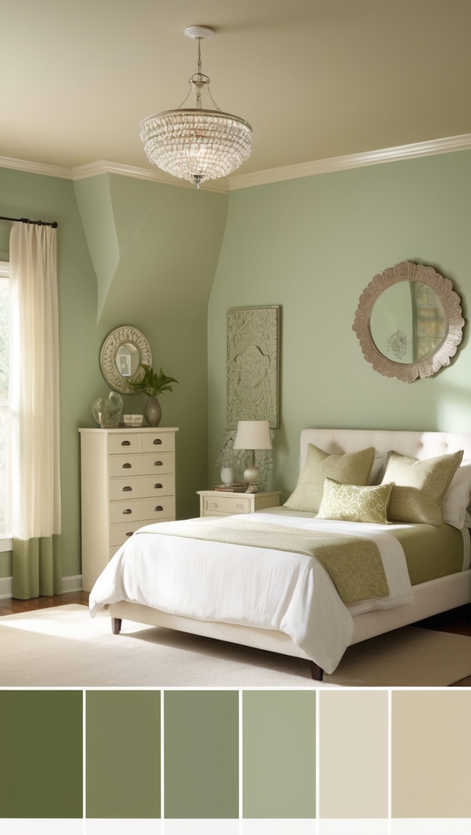 green bedding, beige decor, bedroom design, neutral color scheme, interior decorating
