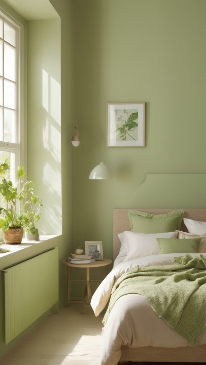 green bedding, beige decor, bedroom design, neutral color scheme, interior decorating 