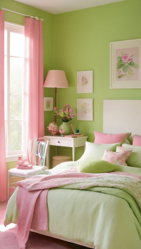 pink and green decor, green and pink accents, green and pink bedding, green and pink furniture, green and pink accessories