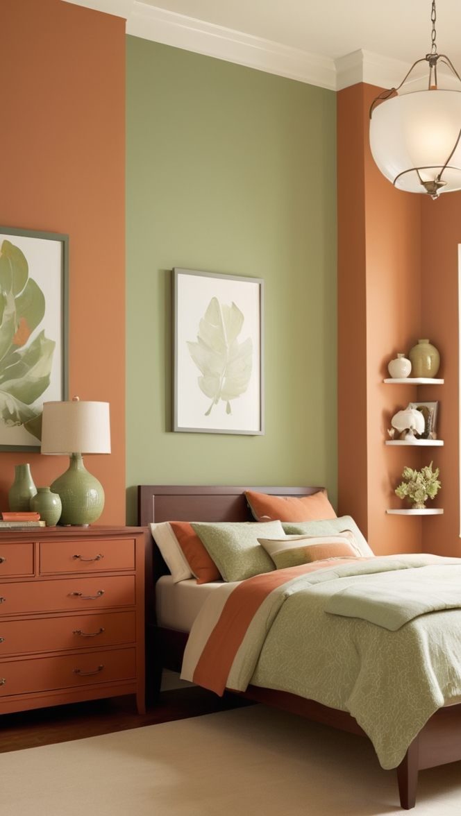 green velvet curtains, terracotta throw pillows, boho bedroom decor, leaf pattern wallpaper, modern farmhouse bedroom