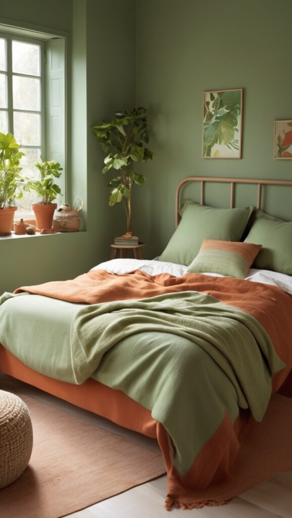 green velvet curtains, terracotta throw pillows, boho bedroom decor, leaf pattern wallpaper, modern farmhouse bedroom