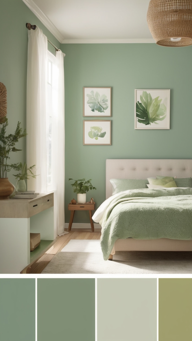 green room decor, eco-friendly bedroom ideas, sustainable decor, botanical bedroom design, environmentally-friendly bedroom