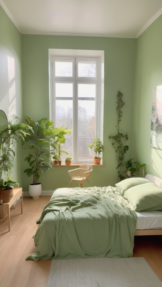 green room decor, eco-friendly bedroom ideas, sustainable decor, botanical bedroom design, environmentally-friendly bedroom 
