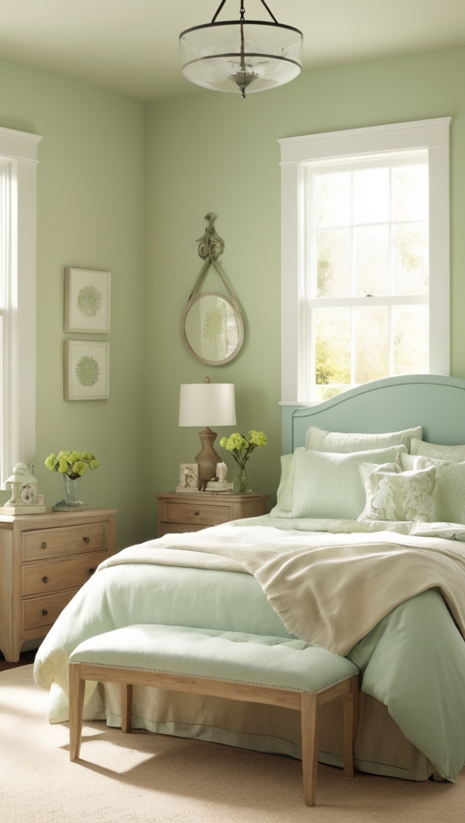 green bedroom paint, light green walls, green bedroom decor, sage green bedroom, pale green bedroom walls