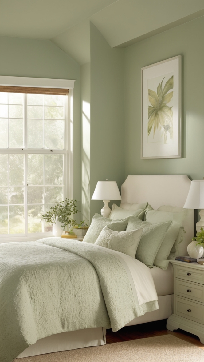 sage green bedroom decor, light green bedding, pastel green room, mint green bedroom ideas, soft green wall paint